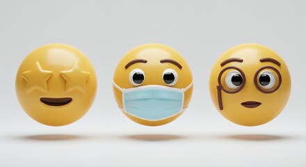 Three 3D Emojis Displaying Diverse Expressions: Happiness, Health Precautions, and Thoughtfulness