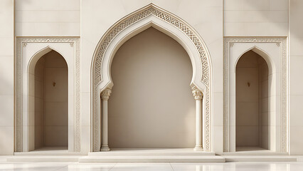 Serene Islamic architecture's elegant arches and intricate detailing in soft, warm light.