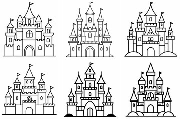 Obraz premium Fairytale Castle Outline Coloring Book Page – Line Art Drawing Set on White Background