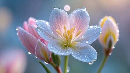 Fototapeta premium Delicate flower petals, glistening with water droplets, in soft focus