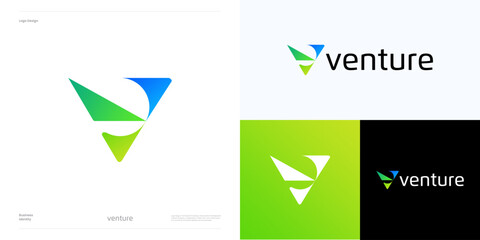 Letter V logo icon design or triangle shapes and colorful gradient, Initial symbol vector abstract geometric monogram concept, usable for business, global technology, digital and brand identity sign.