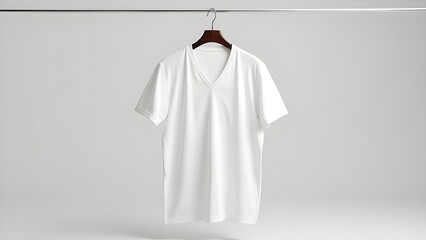 White V-neck T-shirt mockup on a stylish metal hanger, ideal for fashion branding and e-commerce visuals