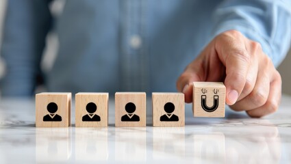 Customer retention concept. Inbound marketing strategy. Attracting potential customers. Hand puts wooden cubes with magnet attracts customer icons on beautiful grey background and copy space. Loyalty