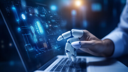 A businessman exploring the benefits of robotic process automation (RPA) for seamless data exchange and business process optimization. Concept of intelligent automation in the work