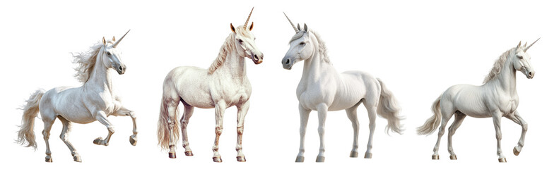 Obraz premium Majestic White Unicorns in Various Poses Against Transparent Background