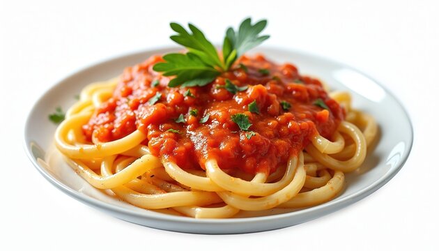 Gemelli pasta with red pepper tomato sauce isolated on white plate. Italian cuisine, fresh ingredients, homemade cookery dish. Vegetarian food lunch dinner, tasty meal served.