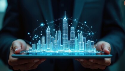 Futuristic cityscape emerges from tablet. Digital architecture tech integration. Illuminated skyscrapers, urban innovation. Modern city concept. Business, technology, smart city, urban development.