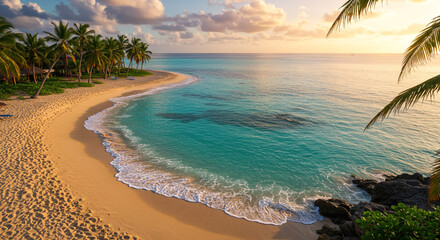 Paradise Found: A serene sunset paints the tranquil turquoise waters lapping a pristine golden beach lined with swaying palm trees, creating a breathtaking tropical escape.