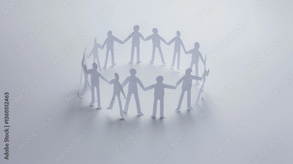 Poster a creative representation of paper figures holding hands in a circle, symbolizing unity and together