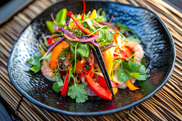 gourmet cricket protein dish, elegantly plated Asian-inspired cuisine highlighting edible insect gastronomy 