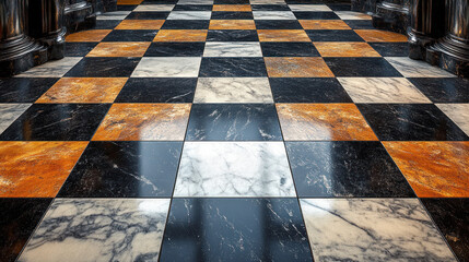 A dramatic, opulent interior floor showcases a captivating checkerboard pattern of marble tiles, primarily in shades of black, white, and gold.