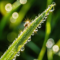 Fototapeta premium Close-up of dew-covered grass blade with tiny insect in soft blurred background