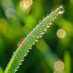 Naklejka premium Close-up of dew-covered grass blade with insect in soft bokeh background
