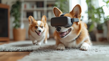 Corgi Dogs Wearing VR Headset, Adorable Pets Enjoying Virtual Reality Experience
