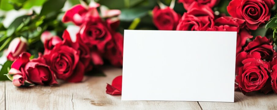 A blank greeting or invitation card mockup is featured in the image along with an envelope and a bouquet of flowers The white card provides ample copy space for customization