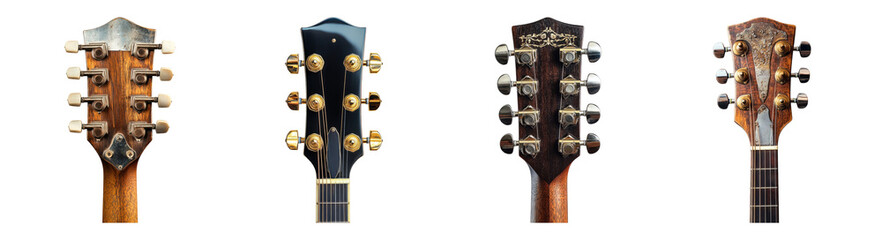 Detailed Views of Classic Guitar Headstocks with Unique Designs, PNG bundle collection, Isolated on Transparent Background