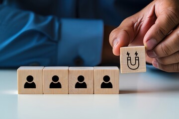 Customer retention concept. Inbound marketing strategy. Attracting potential customers. Hand puts wooden cubes with magnet attracts customer icons on beautiful grey background and copy space. Loyalty