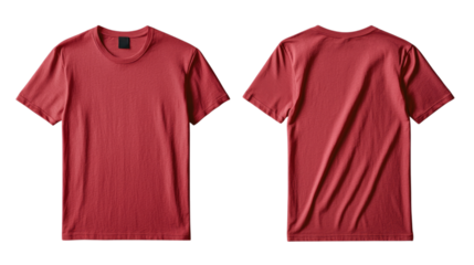 Png of Front and back view of a plain red t-shirt, ideal for casual wear or promotional events on transparent background.