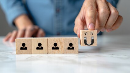 Obraz premium Customer retention concept. Inbound marketing strategy. Attracting potential customers. Hand puts wooden cubes with magnet attracts customer icons on beautiful grey background and copy space. Loyalty