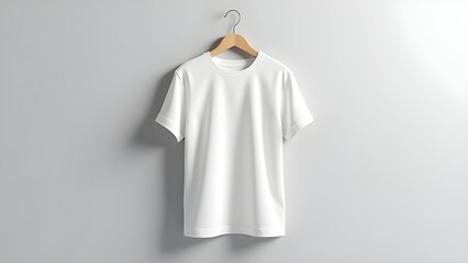 Plain T-shirt hanging on a wooden hanger with a neutral background, perfect for apparel branding and design mockups