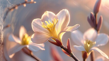 Delicate, glowing white flower in sunlight; soft focus, spring blooms