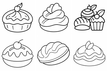 French Pastry Outline Coloring Page - Line Art Drawing Set on White Background
