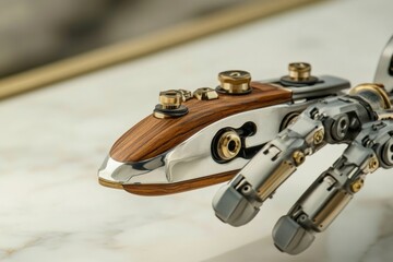 Fototapeta premium Close-up of a futuristic prosthetic hand with wood and metal detailing on a marbled surface.