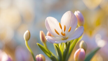 Delicate lavender crocus flower blooms, buds, and soft sunlight