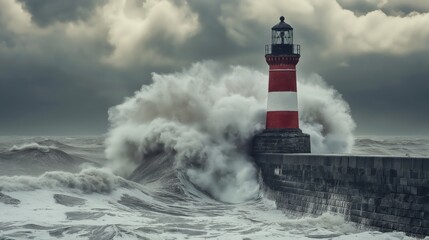 Obraz premium A dramatic seascape of powerful waves crashing against a stone breakwater and a red and white lighthouse