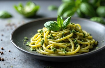 Plate of tasty pesto pasta. Italian spaghetti dish with fresh basil leaves garnish. Traditional mediterranean food with parmesan cheese. Vegan, vegetarian, healthy cuisine.
