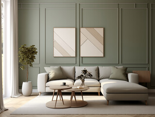 Living room interior with light sage tone geometric wood wall panelling . Sage and neutral home interior
