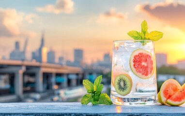 Refreshing fruit drink with city sunset.