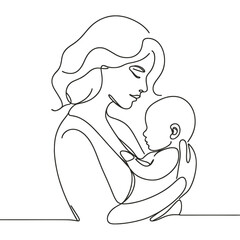 Mother cradling baby with love in minimalist line art  