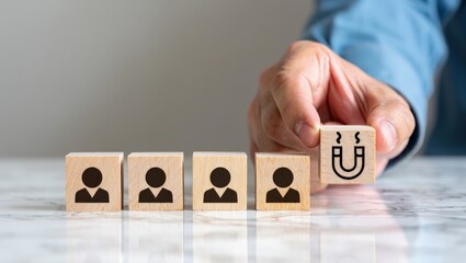 Customer retention concept. Inbound marketing strategy. Attracting potential customers. Hand puts wooden cubes with magnet attracts customer icons on beautiful grey background and copy space. Loyalty