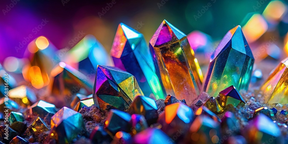 Poster a collection of vibrant crystals glistens with rich colors under warm evening light. their sharp edg