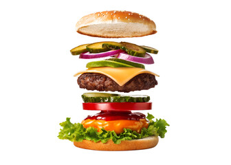Delicious close-up of a floating burger with layers of fresh lettuce, tomato, onion, cheese, and a juicy beef patty, creating an appetizing and visually appealing composition