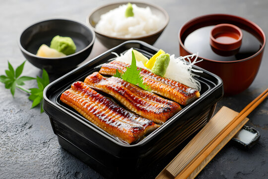 Japanese unagi grilled eel dish, traditional presentation with precise culinary technique
