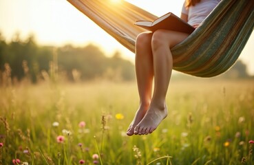 Woman reads book in hammock in nature. Girl relaxes on summer day, enjoy vacation. Barefoot legs in sunlight over meadow flowers. Leisure lifestyle, freedom, peacefulness.