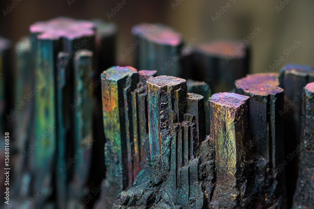 Poster a close-up of iridescent bismuth crystals, displaying a rainbow of colors and metallic luster in a d
