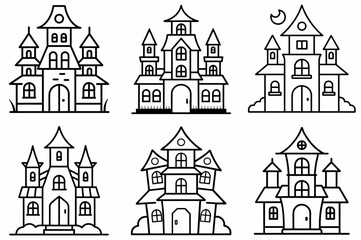 Haunted House Outline Coloring Page - Line Art Drawing Set on White Background