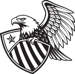 Vector illustration of an eagle with a shield, symbolizing strength and wildlife, featuring detailed feathers and a bold design
