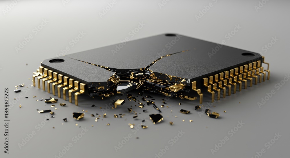 Poster broken computer chip displaying intricate details of cracked surfaces and golden pins, evoking a sen