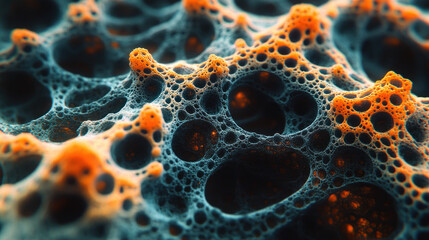 A mesmerizing macro view reveals intricate cellular foam, displaying a vibrant orange-teal contrast against a dark, textured background.