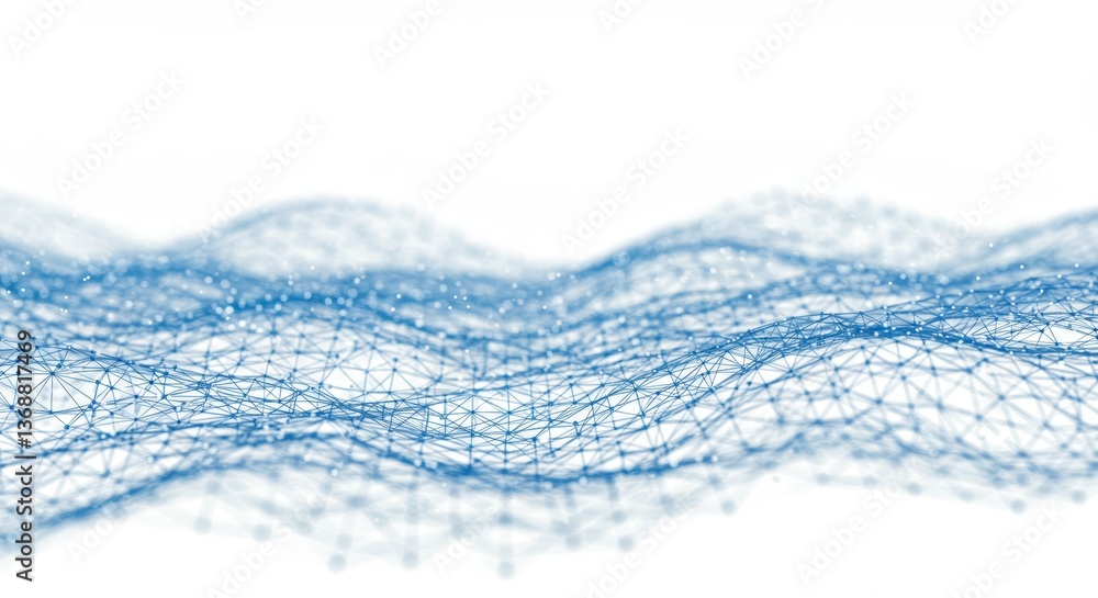 Poster 3d wireframe waves in blue tones conveying serene digital harmony through network connectivity with 