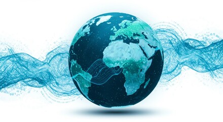 Digital globe with flowing data streams representing connectivity and technology in harmony, showcasing vibrant blue and green tones with a digital backdrop