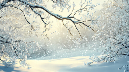 An enchanting winter scene showcasing a frosted tree branch glistening in soft sunlight. this tranquil setting captures the serene beauty of nature in a snowy landscape. Hushed Illusion. Illustration