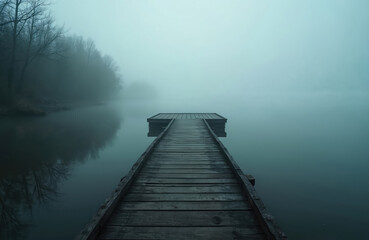 Fototapeta premium Mysterious, moody landscape depicts wooden dock extending into tranquil lake shrouded in mist. Eerie atmosphere with bare trees on shore. Mysterious night scene invokes sense of calmness, isolation.