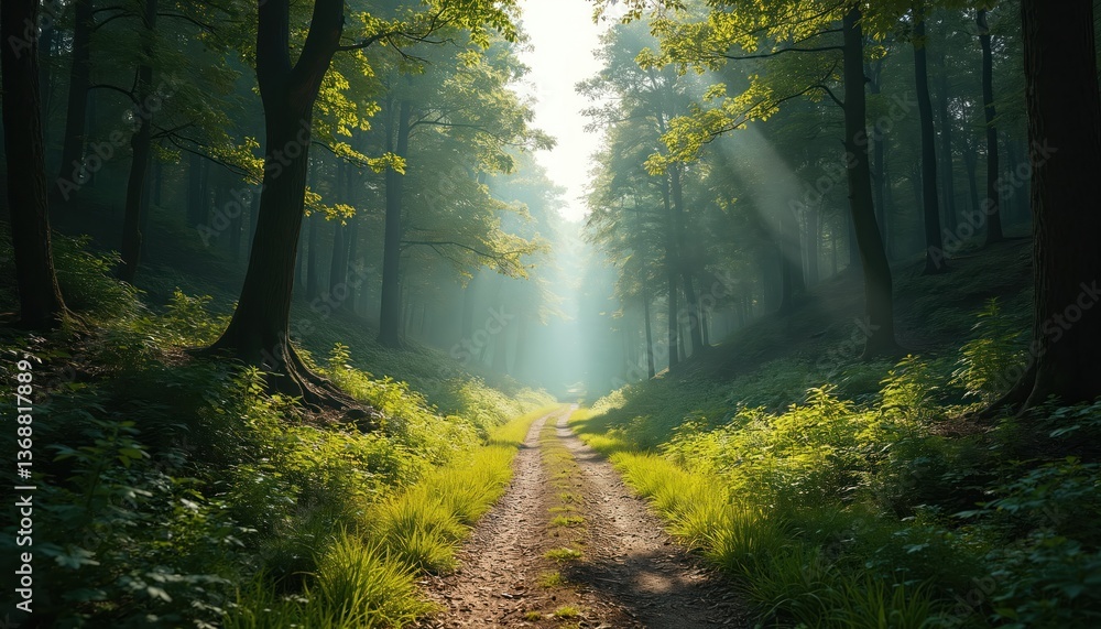 Poster forest path leads into sunlight. bright pathway represents choices. trees create tunnel. sunlight fi