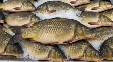 Fresh Carp on Ice at Supermarket - Frozen carp, glistening scales, icy freshness, supermarket display, healthy seafood. Symbolizing freshness, abundance, healthy eating, winter, market.
