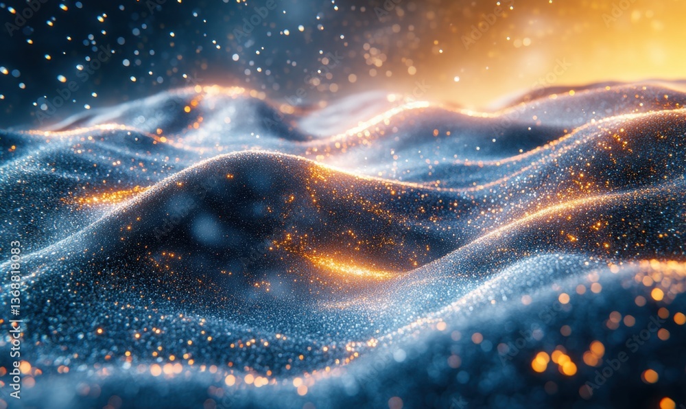 Aufkleber glowing particle waves, abstract background, digital art